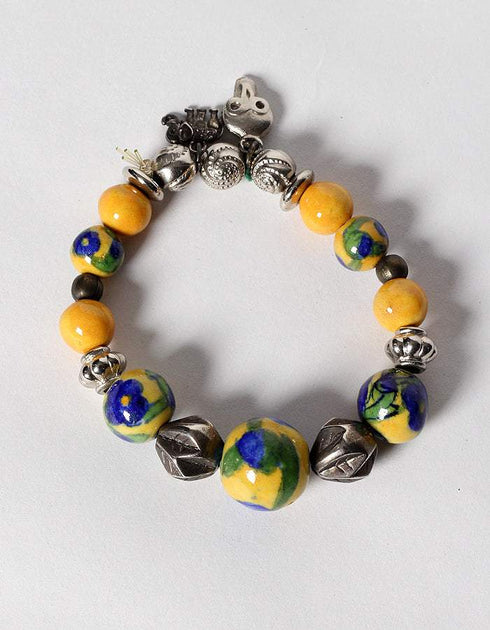 Blue Pottery Full Bead Necklace With Earrings And Bracelet (Yellow)